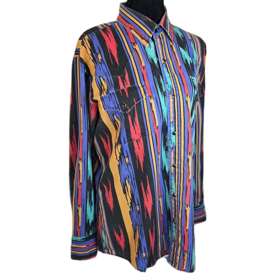 Camisa De Colección Ely Ganaderos Para Hombres L Negra Azul Azteca Occidental Geométrica Años 90 Foto 4 de 4