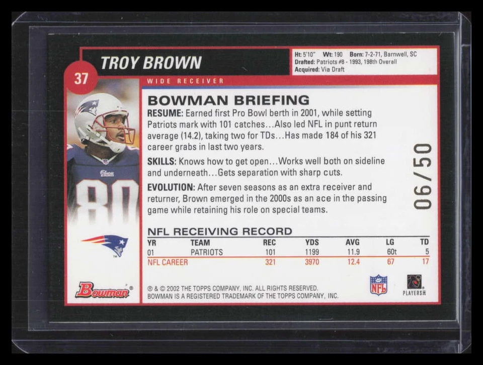 2002 Bowman Gold 37 Troy Brown 6/50 - Image 2 of 2