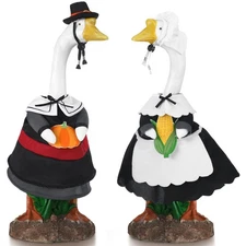 2 Sets Fall Goose Outfit 23'' Thanksgiving Porch Cement Plastic Goose Costume...