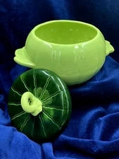 Vintage Hoenig of California~Ceramic Pottery Gourd Pumpkin Crock w/ Lid~Green 