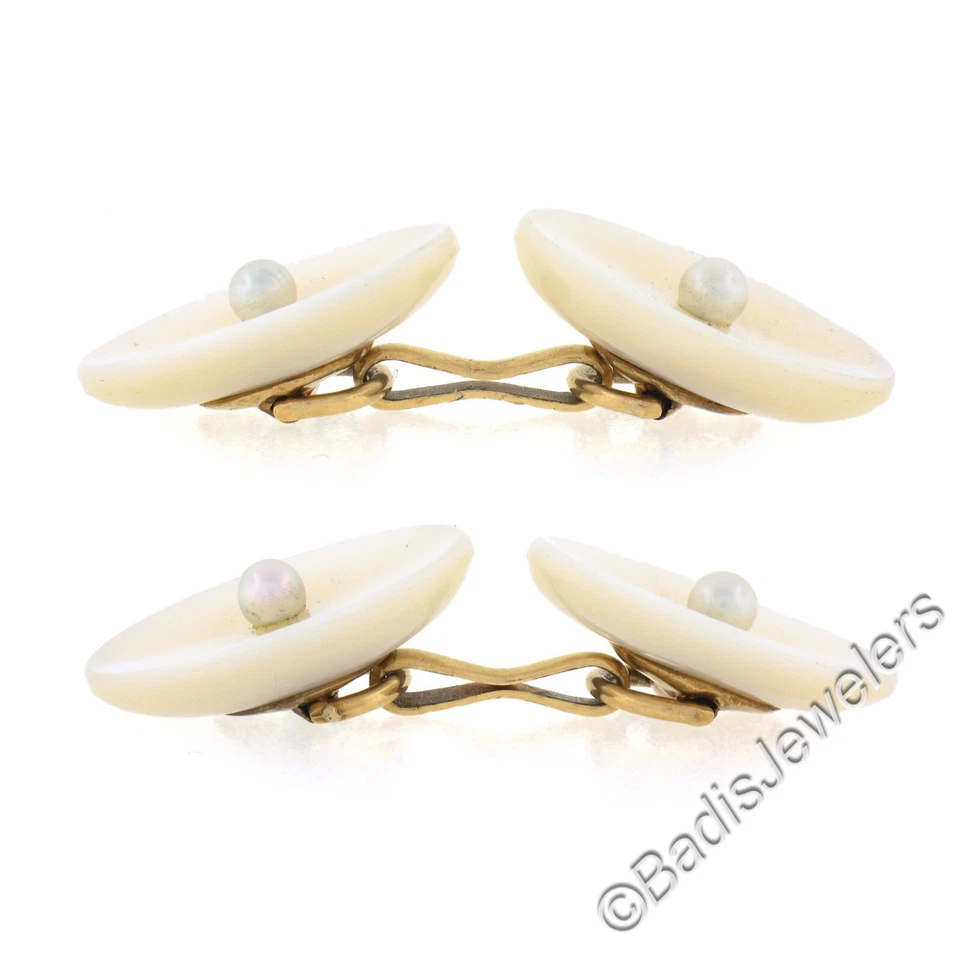 Gemelos ovalados antiguos de oro de 14k con centro de perlas semilla de 3 mm Foto 4 de 4