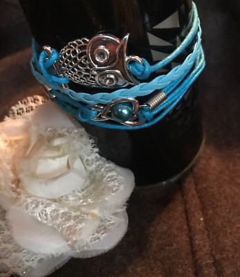 Owl Leather Silver Alloy Teal Charms Friendship Multi Layer Bracelet - NEW