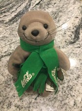 Coca Cola Bean Bag Plush Seal Green Scarf Soda Bottle With Tags.