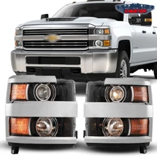 Pair Headlights For 2015-2019 Chevy Silverado 2500 HD 3500HD Lamps Chrome Clear