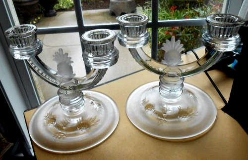Two  FENTON Candle Holders Pineapple Satin Glass Antiq 1930s