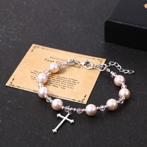 Virgin Mary Rosary Bead Cross Chain Simulated Pearl Beaded Bracelet for Women - Picture 39 of 56