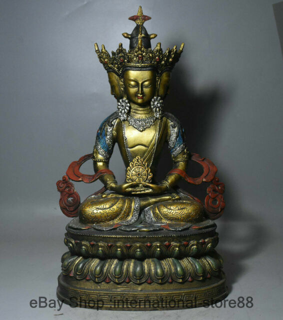 16" Old China Bronze Painting Buddhism Amitayus longevity Goddess Statue