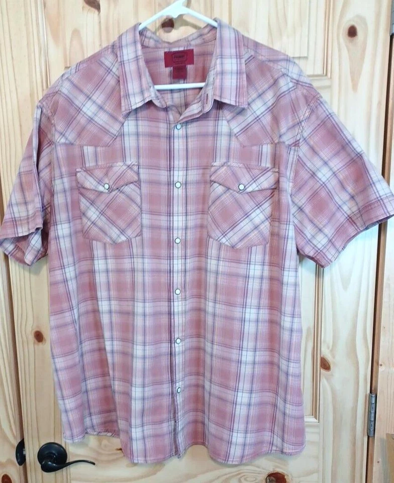 Foundry Men's Shirt 2XL White Snaps Plaid Short Sleeve Button Pink Peach - Image 3 of 4