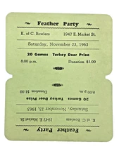 Vintage Ticket Knights of Columbus Feather Party Nov. 23, 1963 Door Prizes Games