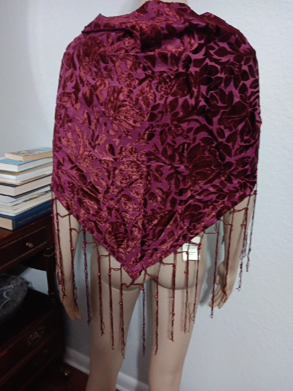 Shawl Wine Velvet Embossed Design And Beaded Fringes