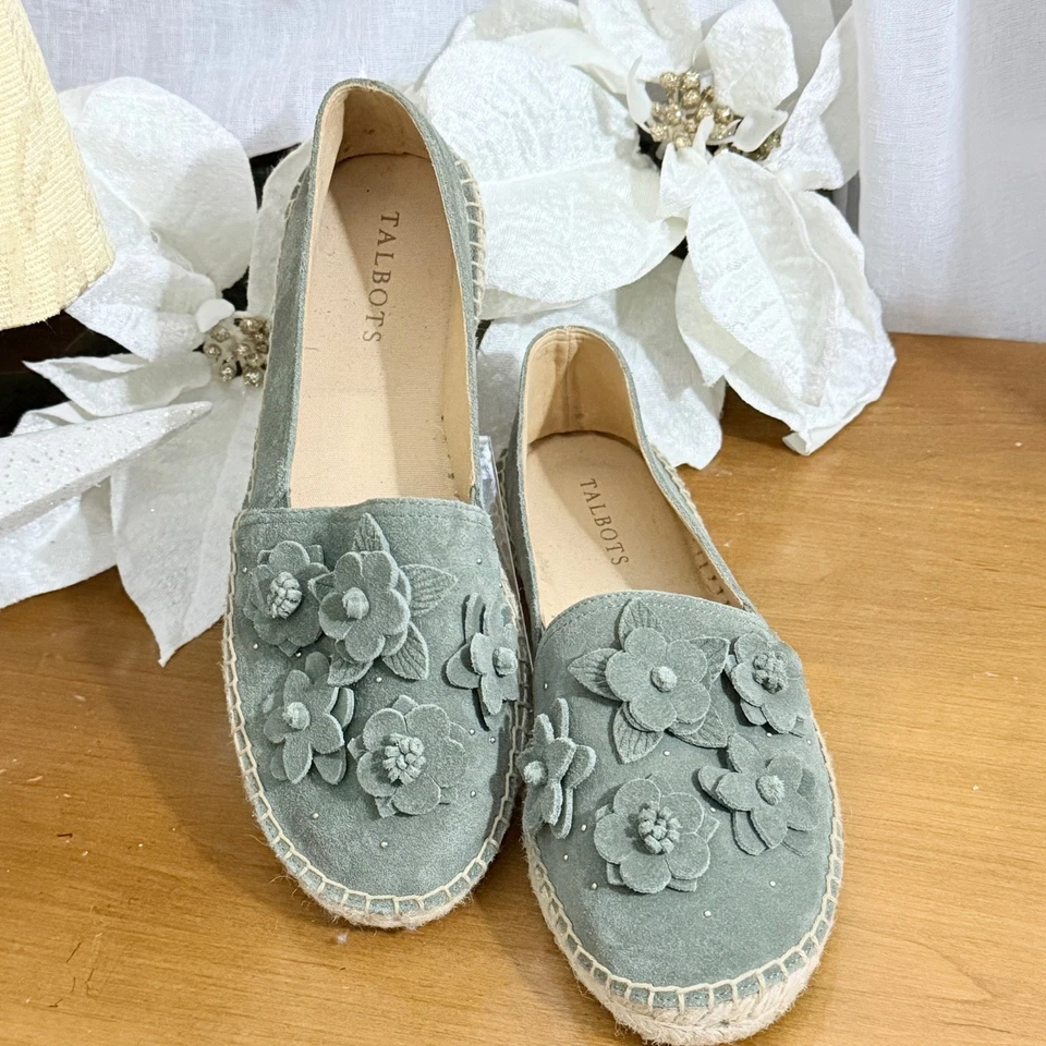 Alpargatas de gamuza Talbots para mujer 8M verde 3D flores cabaña hada caprichoso perfecto Foto 2 de 4