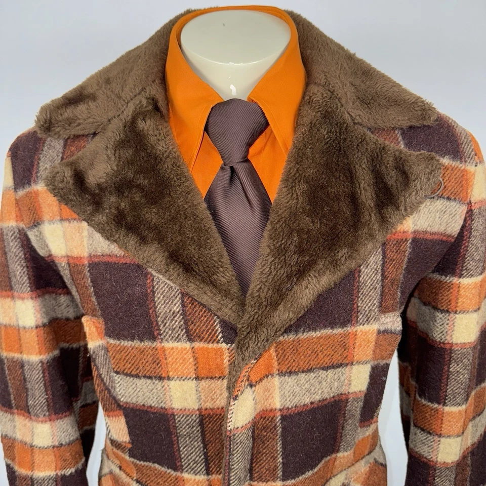 Chaqueta Towncraft De Colección Años 60 70 Trench Guisante Abrigo Cuadros Imitación Piel Proxeneta Mod Para Hombres Mediana Foto 3 de 4