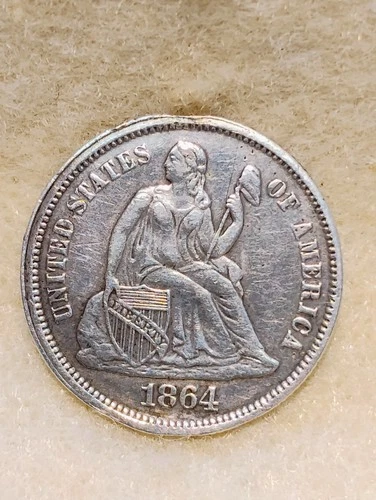 1864 ~ SEATED LIBERTY DIME ~ MADE INTO JEWELRY PIECE ~ OBV LOOKS XF ~ RARE DATE!