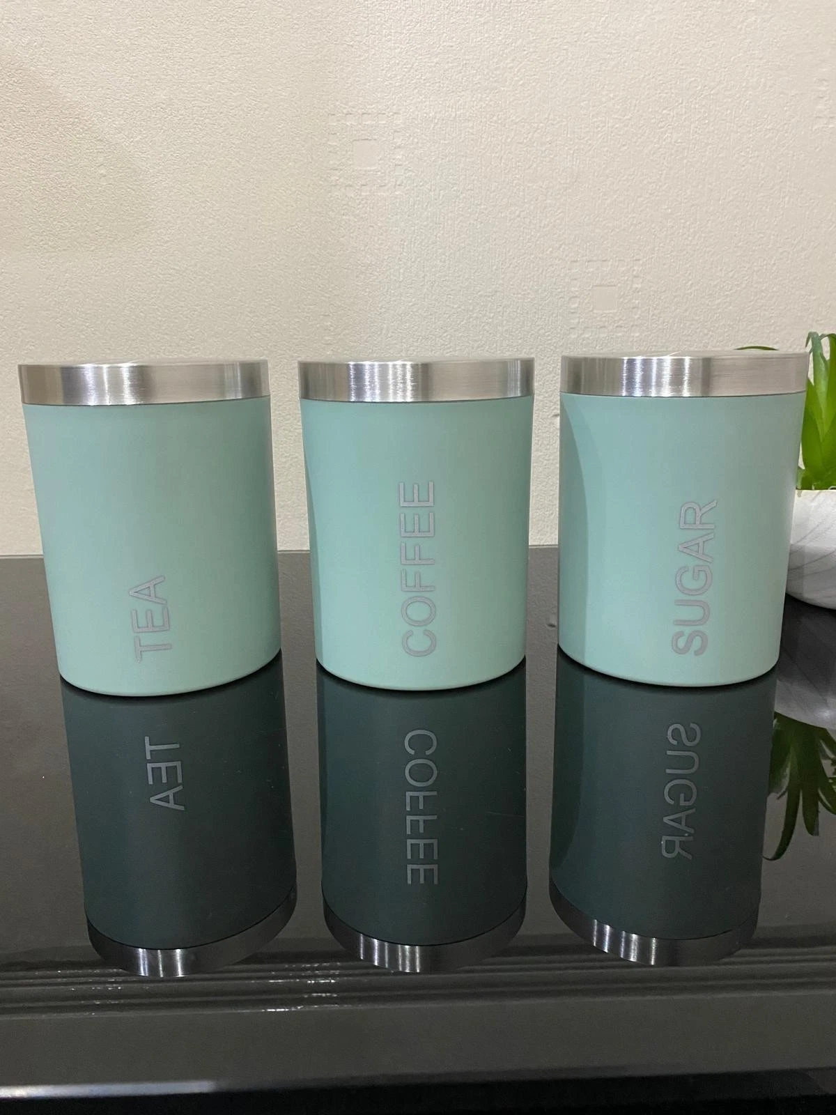 Set of 3 Tea Coffee Sugar Canisters – Kitchen Storage Jars with Lids Modern Tins