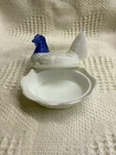 Fenton Art Glass "Hen on Nest" dish cobalt blue head and a white milk glass base