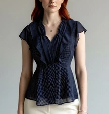 New York & Company Black Chiffon Polka Dot Button Blouse Size S Ruffles Sheer