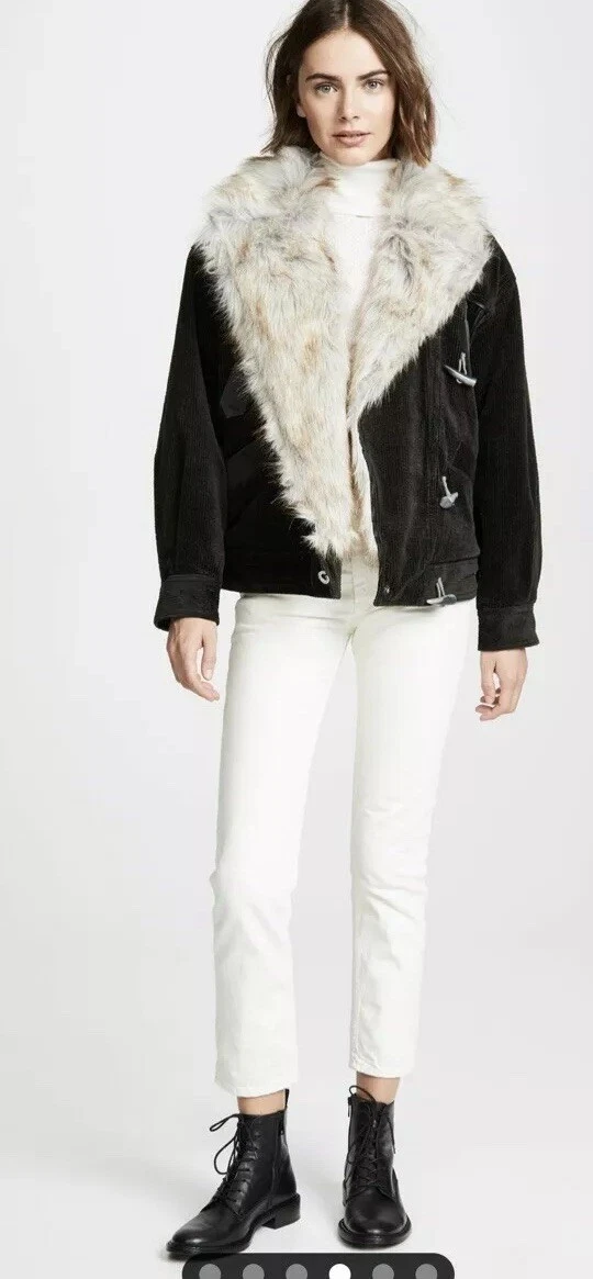 Free People Windy City Jacket Faux Fur Collar Corduroy Moto Coat L