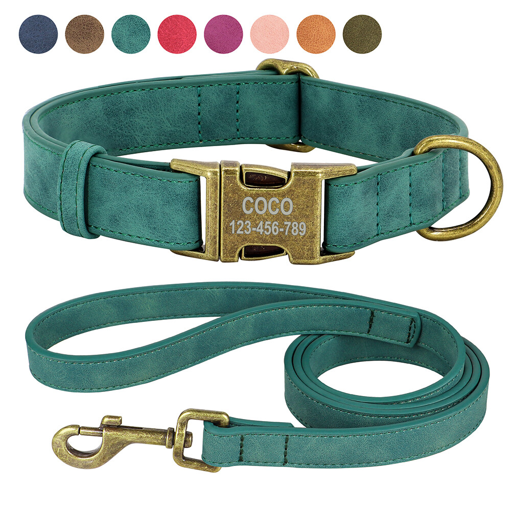 Leather Dog Collar and Leash Set Personalized Custom Name Buckle Soft  Padded XS