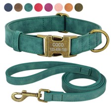 Leather Dog Collar and Leash Set Personalized Custom Name Buckle Soft Padded XS