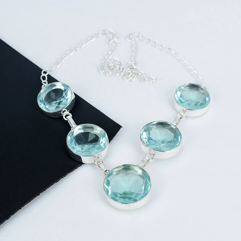 Acquamarina Gemma Artigianale 925 Argento Sterling Collana Per Compleanno Regali - Immagine 2 di 4