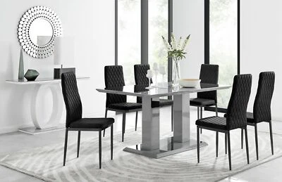 FURNITUREBOX UK Imperia 6 Grey Dining Table and 6 Velvet Milan Black Leg Chairs
