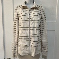Lululemon Women Knit Striped Mock Neck Full Zip Up Sweatshirt Cream Size S