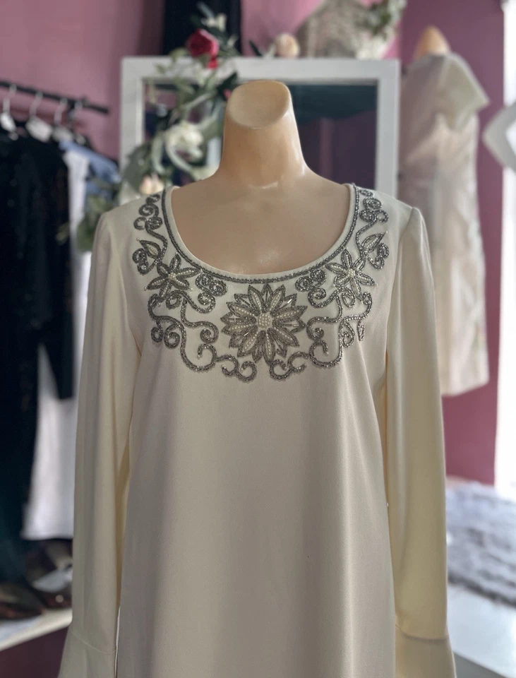Vintage 90s Doss 60s Shift Dress Sheath Ivory Long Sleeves Cocktail Party S/M - Image 3 of 4