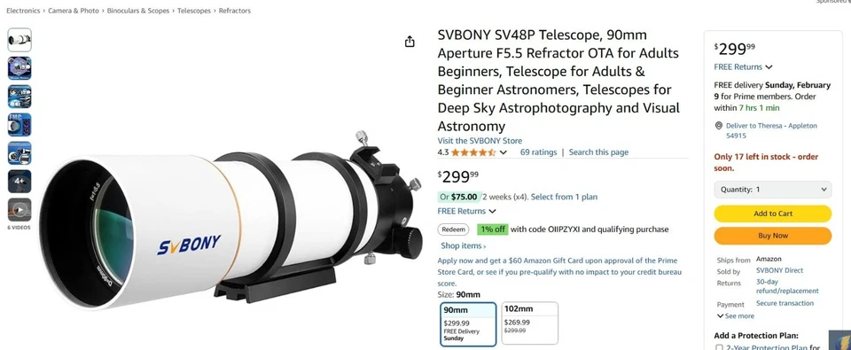 SVBONY SV48P Telescope 90mm Aperture F5.5 Refractor OTA For Adults & Beginners - Image 4 of 4