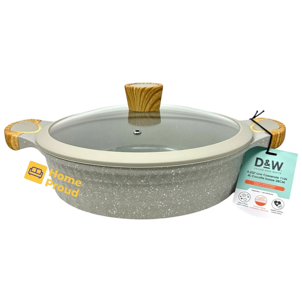 D&W Low Casserole FryingPan 11 inch with Glass Lid Nonstick Deane&White Cookware - Image 4 of 4