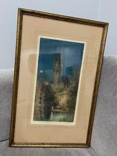 Antique James Alphege Brewer Etching Print Oxford Magdalen from the Cherwell