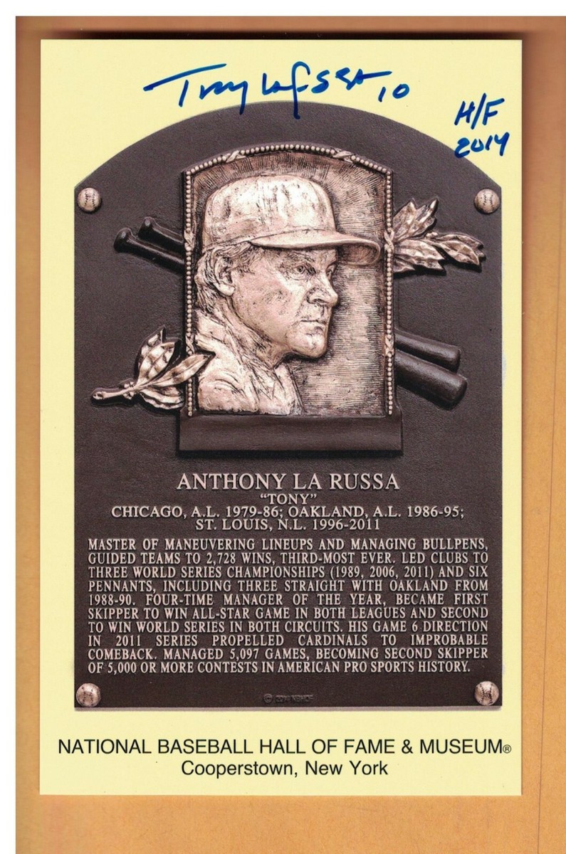 TONY La RUSSA AUTOGRAPHED 2014 HALL OF FAME PLAQUE POSTCARD