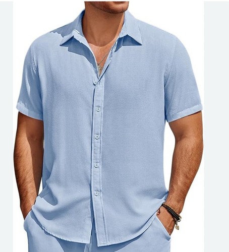 COOFANDY MEN'S BLUE SIZE XL CASUAL SHORT SLEEVE LINEN BLEND BEACH SHIRT - Picture 1 of 12