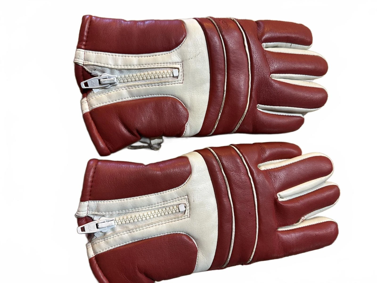 Vintage Red Leather Zip Gloves Ski Winter Size M