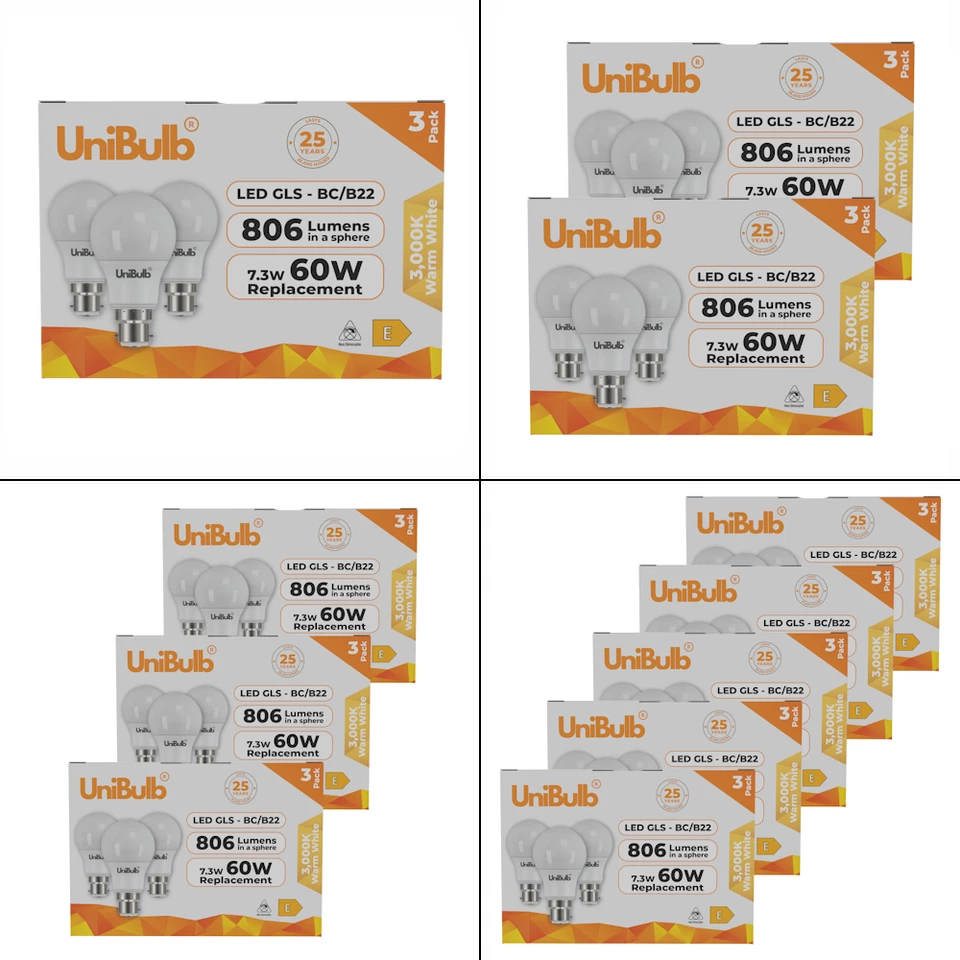 UniBulb GLS LED 7.3W B22 Light Bulb 806lm 3000K Warm White 60W Output