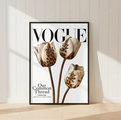 Luxury Leopard Tulip Vogue Print Fashion Wall Art Black White Floral Poster - Image 1 of 4