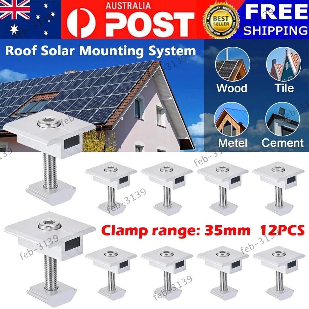 12 x Solar Panel Middle Clamps 35mm Aluminium Solar Panel Mount Mid Clips Silver