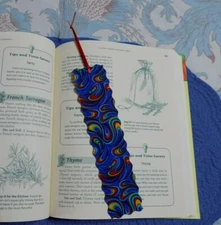Bookmark Fabric or Cloth Blue with Multi-colored Swirls Ribbon Handmade
