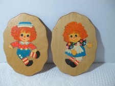 2pc MCM Raggedy Ann Andy Decoupage Wooden Oval Plaques Scalloped Edge