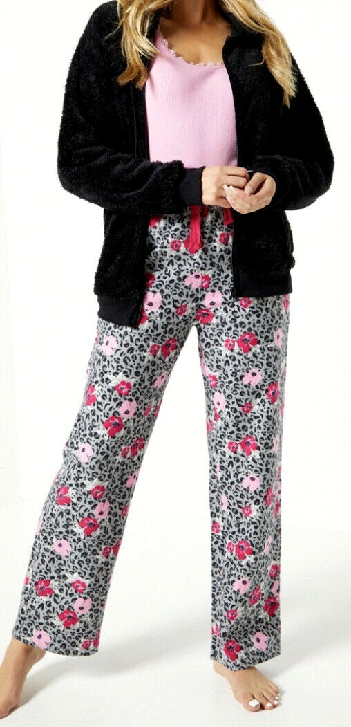 New Womens Hooded 3 Piece Pyjama Set Leopard Print Grey/Pink Snuggle UK 16/18 image 5