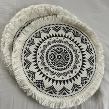 FENNCO STYLES  BOHO MANDALA FRINGE  SET OF 4 ROUND TABLE PLACEMATS, COTTON