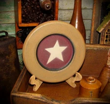 Primitive Vtg Style 6" Country Cottage Wooden Star Mustard Burgundy Tan Plate