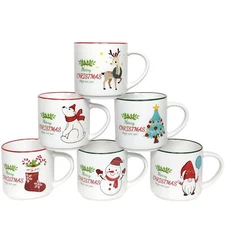 Christmas Mug Set of 6 14oz Cute Ceramic Coffee Mug Stackable Christmas Coffe...