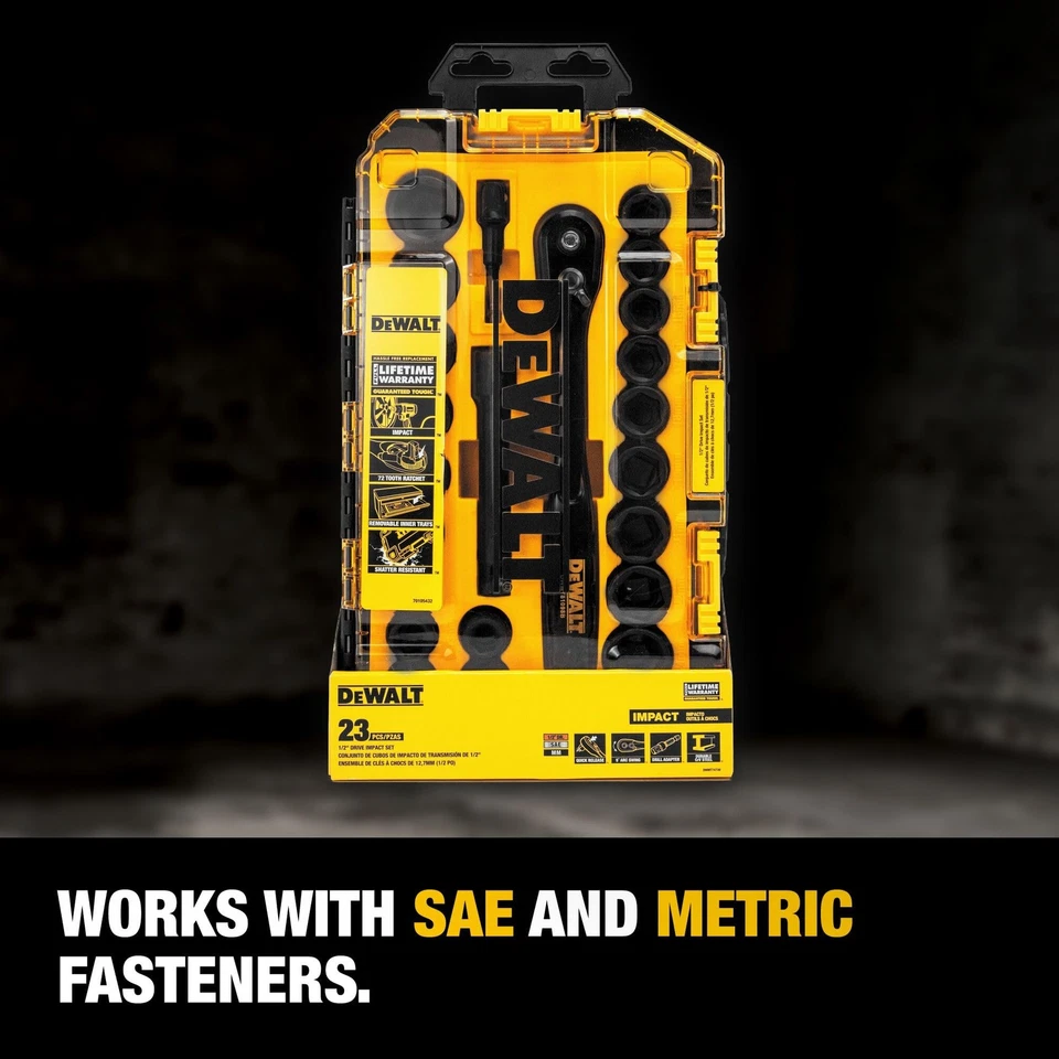 DEWALT Impact Socket Set with Ratchet, Metric/SAE, 1/2" Drive, 23-Piece Set with - Image 2 of 4