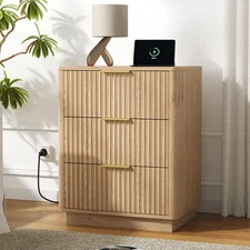 21.7" Wide Fluted Nightstand with Charging Station, Mid Century Bedside Table...