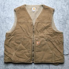 Carhartt Vest Mens XL Brown Sherpa Lined Duck Canvas Workwear Zip Jacket V26-FRB