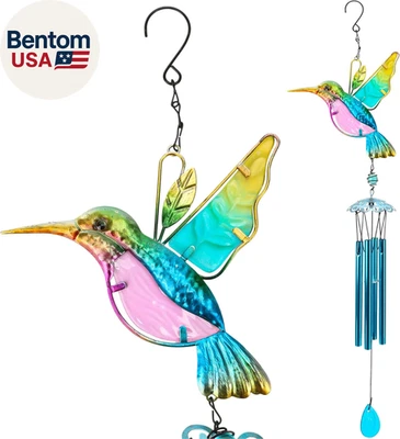 35" Blue Hummingbird Wind Chimes, Indoor Outdoor Glass Painted Mobile Chime for - Image 1 of 4