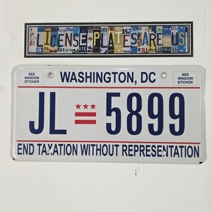 Washington DC License Plate 🔥FREE📬 End Taxation Without Representation JL 5899