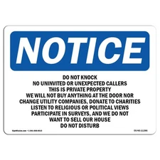 Do Not Knock No Uninvited Or Unexpected OSHA Notice Sign Metal Plastic Decal