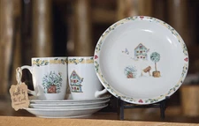 Vintage Thomson Pottery Birhouse Collection (4) Plates (2) Cups Replacements