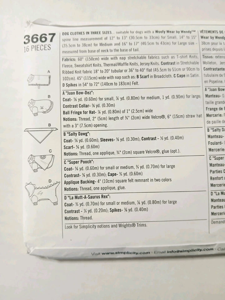 3667 Simplicity Sewing Pattern. Dog Clothes In 3 Sizes. Woofy Wear By Wendy - Image 2 of 3